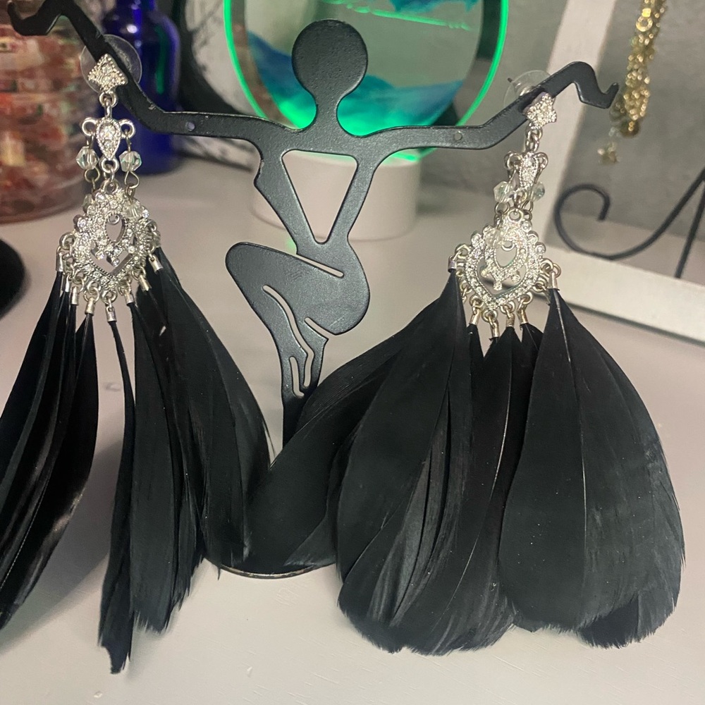 Make a Statement - Beautiful Black Feather & Rhinestone Earrings